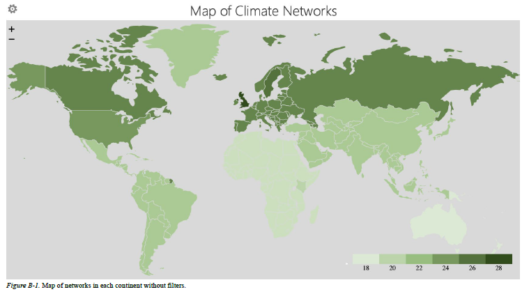 image shows a world map displaying the geographic distribution of climate networks around the world (by count)
